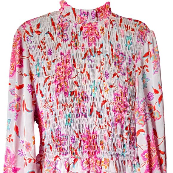 FATE The Label Pink Multi Floral Smocked Bodice Ruffle Tiered Dress Small - Picture 2 of 6